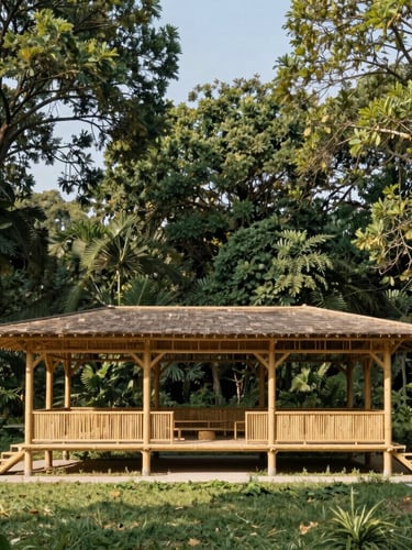 Architectural elevation of a treated bamboo pavilion at Purna River Retreat, surrounded by native trees, bright natural daylight