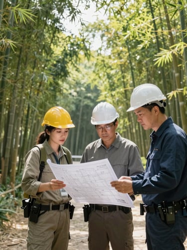 A professional mid-shot of foresters and agricultural engineers reviewing technical blueprints in a clean, modern bamboo nursery, natural daylight.