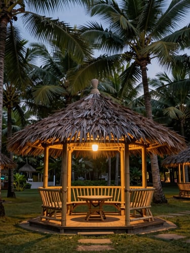 Architectural elevation of a treated bamboo pavilion at Purna River Retreat, surrounded by native trees, bright natural daylight