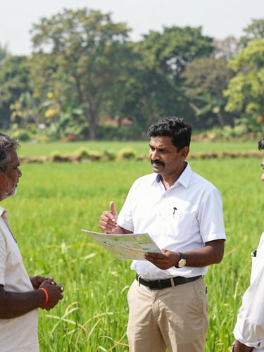 Professional mid-shot of an agricultural consultant in clean attire discussing plantation maps with Indian landowners on a sunny day, with a lush green field in the background