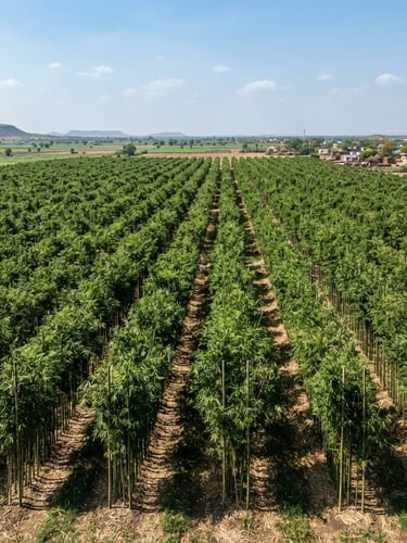 Wide-angle architectural elevation of a structured bamboo plantation in Gujarat, bright daylight, clean rows of lush green Bambusa balcooa, blue sky.