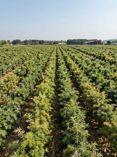 Wide-angle architectural elevation of structured bamboo plantation rows under bright daylight, clean and professional agroforestry management