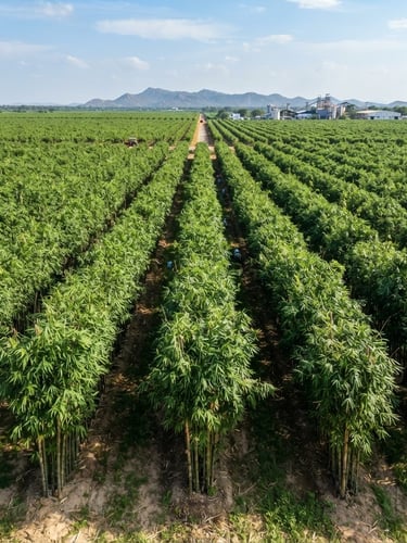Wide-angle crisp corporate photograph of a structured, high-yield Bambusa balcooa plantation in India, bright natural daylight, neat rows of towering green bamboo stalks stretching into the distance