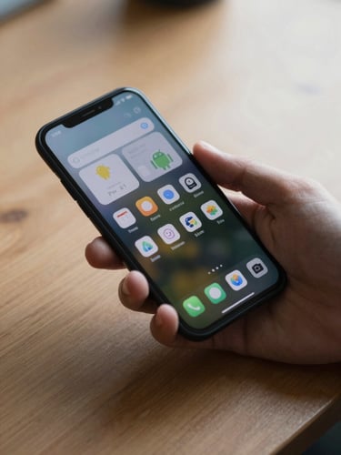 Close-up of a hand holding an Android phone at a natural downward angle on a wooden desk, app interface visible on screen, overcast north-facing daylight, no glow effects, fingers relaxed, tight crop showing wrist and device
