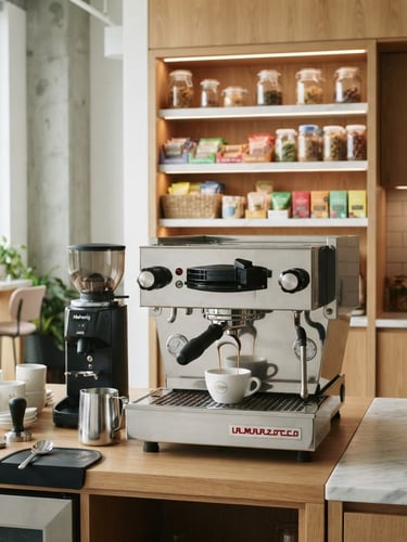 Bright, modern office breakroom featuring a high-end espresso machine pouring coffee, neatly organized snack shelves, and clean contemporary interiors with soft daylight.