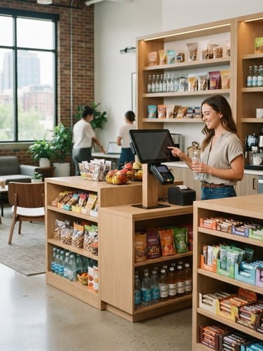 Bright, modern Nashville office breakroom with a premium micro-market setup, clean wooden shelves stocked with healthy snacks, a touch-screen checkout kiosk, and soft natural window light, 35mm photography.
