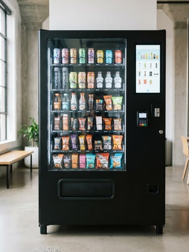 A sleek, modern matte black vending machine with a glowing touch-screen interface, stocked with premium beverages and healthy snacks, situated in a bright, clean industrial breakroom with natural window light.