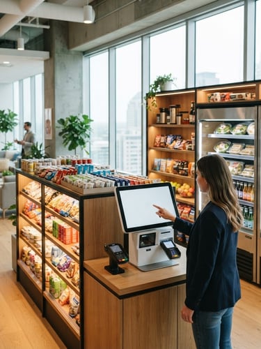 Bright editorial photography of a modern micro-market setup in a corporate office, natural window light, organized fresh food shelves, touchscreen checkout kiosk, 35mm
