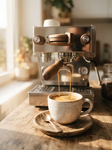 Close-up of a sleek modern espresso machine pouring rich espresso into a ceramic cup, warm morning sunlight streaming through a window, shallow depth of field, 35mm editorial photography.
