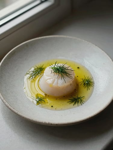 A minimalist overhead shot of a single plated scallop with dill oil, set on a rough ceramic plate, natural side-lighting from a window.