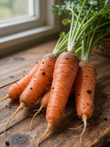 Extreme macro detail shot of freshly harvested heirloom carrots with soil still clinging to their roots, resting on a rustic wooden table, natural side lighting from a barn window.