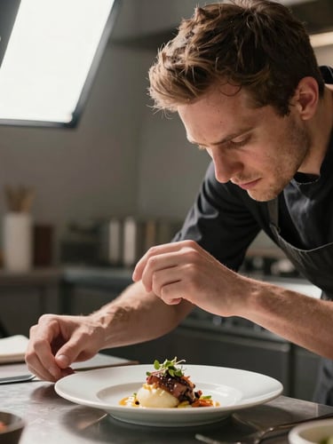 A close-up portrait of a chef adjusting a light stand over a plated dish in a Scandinavian-style kitchen, natural side light casting soft shadows