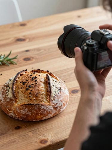 Over-the-shoulder view of a photographer adjusting a camera lens over a rustic wooden table featuring freshly baked sourdough bread and dark green herbs, natural side lighting, scandinavian style.