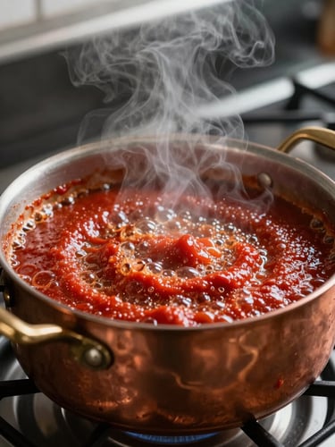 Macro close-up of thick red tomato sauce bubbling in a copper pot on a professional kitchen range, steam rising, dramatic lighting.