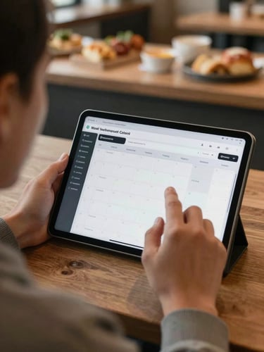 Over-the-shoulder shot of a digital strategist organizing a multi-vendor content calendar on a tablet, with a blurred, warm Scandinavian-style food hall background.