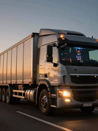 Cinematic night shot of a heavy-duty cargo truck driving on a dark Brazilian highway, golden hour flare, cabin interior glowing with technical dashboard indicators.
