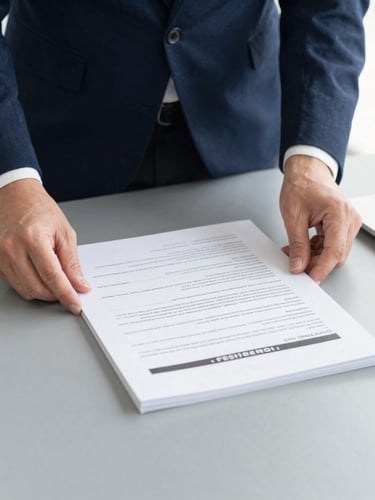 Professional corporate photography, clean neutral office daylight, close-up of hands organizing official German compliance documents on a slate grey desk, sharp focus, 35mm