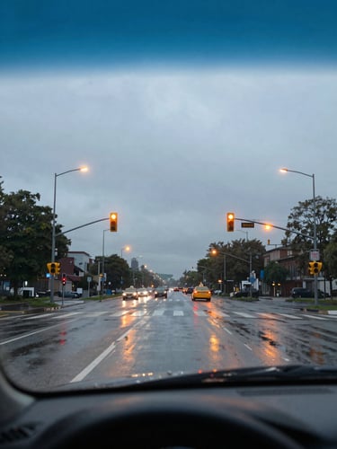 Wide shot through a taxi windshield at dawn — city intersection ahead, traffic lights glowing amber, wet asphalt reflecting streetlamps, dashboard edge visible at bottom frame, no driver face shown, overcast urban sky