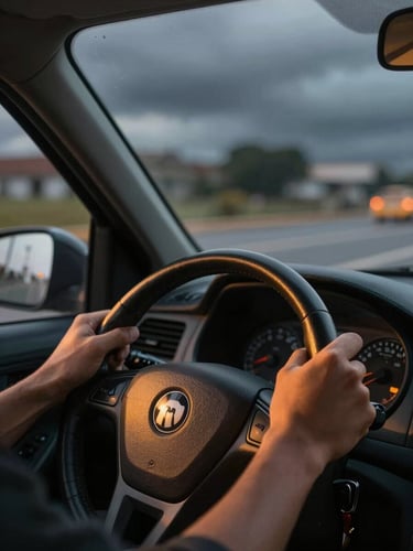 Close crop of a taxi driver's hands gripping the steering wheel at night, dashboard glow casting warm amber light on the hands, wet city street ahead visible through the windshield, overcast dark sky