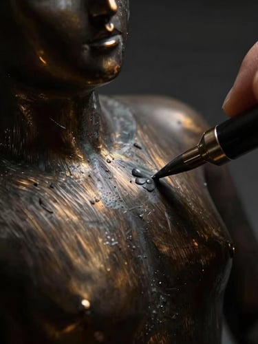 Extreme close-up of a hand burnishing a dark metal sculpture, catching sharp low-key light, highlighting the material grain and brushed texture, 35mm