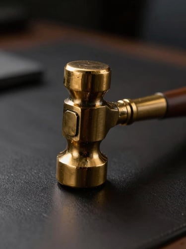 Macro close-up of The Hammer sculpture, cast in solid brass, catching low-key dramatic light on a dark executive desk, 35mm