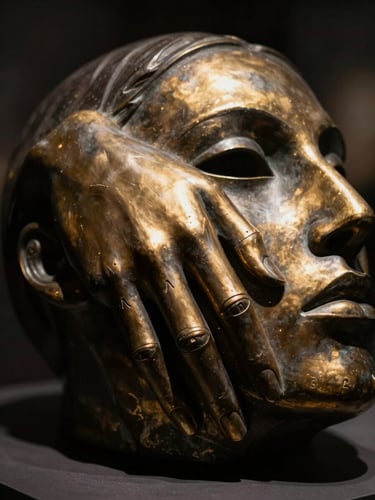 Close-up of The Blind sculpture, enigmatic gunmetal form with hand-engraved serial number, dramatic museum lighting, 35mm