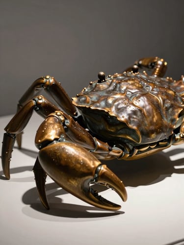 Close-up of The Crab sculpture, intricate bronze angles, low-contrast shadows, premium gallery presentation, 35mm