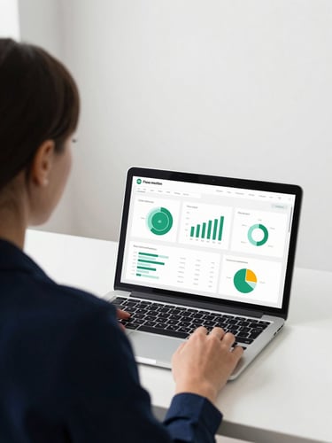 Over-the-shoulder view of a female specialist analyzing clean web analytics dashboards on a laptop screen, bright natural daylight, minimalist office setup, 35mm