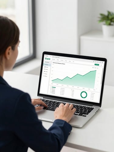 Over-the-shoulder view of a female specialist analyzing clean data dashboards with positive growth curves on a laptop screen, bright natural daylight, minimalist office interior