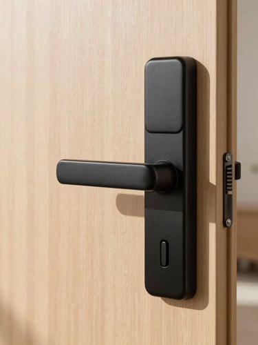 Close-up of a modern matte black electronic lock on a clean wooden door, bright natural daylight, sharp focus, architectural interior