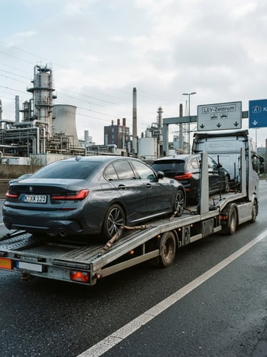 Low-angle wide shot of a modern clean transport trailer with a dark sedan loaded, cool overcast daylight, industrial Leverkusen background with highway signs, sharp focus, 35mm lens