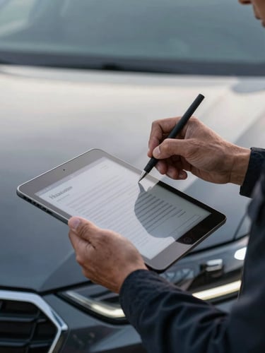 Close-up of a professional driver in a dark uniform signing a digital handover protocol on a tablet, cool morning light, reflective car hood in the background, sharp details