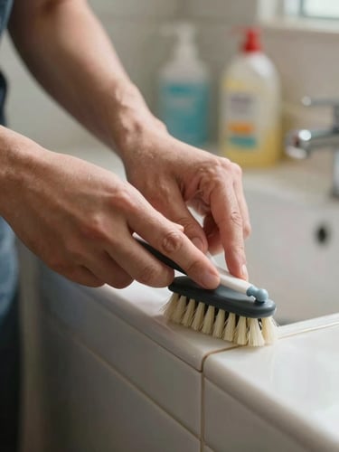 Close-up of a cleaning professional's hands scrubbing a bathroom tile grout line with a small brush, warm natural sidelight, supplies visible in soft focus behind