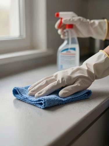 Close-up of hands in work gloves wiping a kitchen countertop with a microfiber cloth, natural window light from the left, cleaning spray bottle visible in the background, warm documentary style