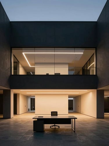 Wide-angle shot of a minimalist, high-ceilinged modern office interior at twilight, architectural lighting, empty. Sharp lines, high-contrast, deep charcoal and white tones. A single, sleek desk in the foreground.