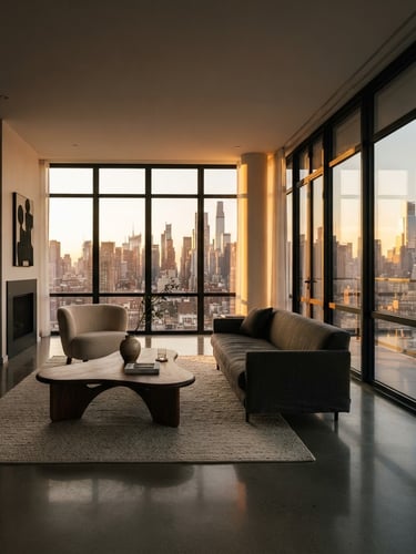 Wide-angle interior shot of a minimalist luxury apartment living room at golden hour, dramatic shadows, floor-to-ceiling windows overlooking a city skyline, high-contrast, editorial style.