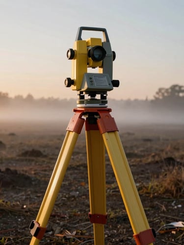 Close-up of a surveyor's tools (theodolite and tripod) set up on a wild, undeveloped land lot at dawn, with mist rising, emphasizing precision and early inspection.