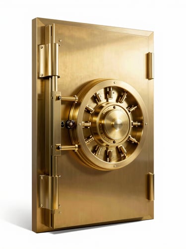 An elegant secure vault door slightly ajar, revealing warm metallic gold reflections under soft corporate studio lighting, sharp focus, 85mm