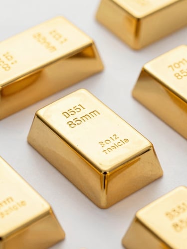 Macro shot of high-purity gold bullion bars under bright studio lighting, soft metallic reflections on a clean white surface, 85mm