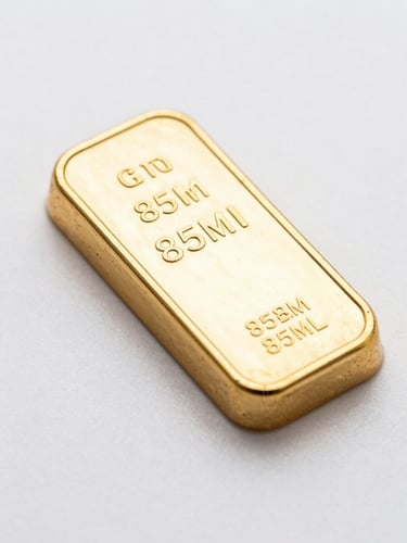 Macro shot of high-purity gold bullion on a clean white surface with soft studio lighting and metallic gold reflections, sharp focus, 85mm