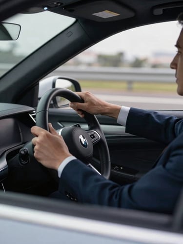 Close-up of a professional chauffeur's hands in a dark suit on the leather steering wheel of a clean modern executive sedan, soft morning light, regional São Paulo highway visible through the windshield, premium editorial photography, 35mm lens