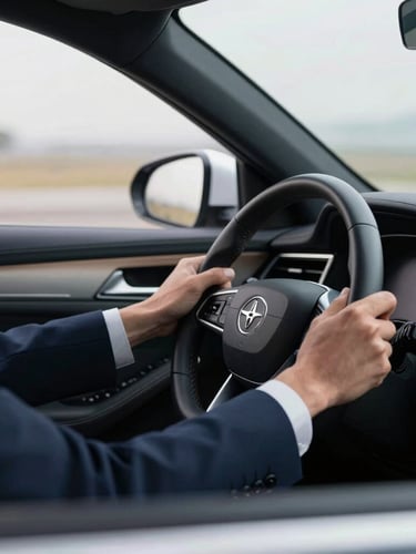 Medium shot of a professional driver's hands in a dark suit on the leather steering wheel of a premium executive sedan, soft morning daylight, quiet road visible through the windshield, 35mm lens.