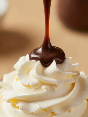 Macro shot of a sharp, glossy chocolate sauce ribbon holding its precise shape on top of a perfectly whipped cream rosette, warm side-lighting, shallow depth of field