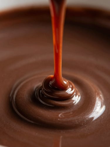 Macro close-up of thick, glossy chocolate sauce pouring in a slow velvety ribbon, catching rich golden-hour highlights against a dark brown background, shallow depth of field.