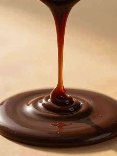 Macro photograph of deep chocolate sauce pouring in a slow, thick ribbon, catching warm golden-hour side-light, shallow depth of field, 50mm, professional studio setting with rich caramel tones.