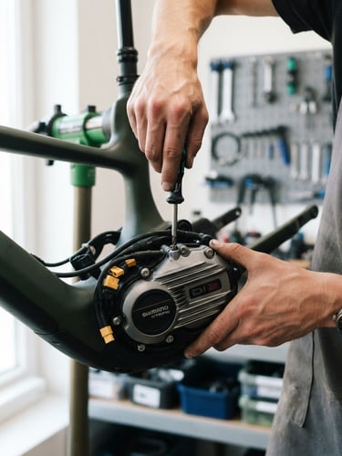 Close-up of a professional mechanic's hands adjusting a high-end electric bike motor with precision tools, bright natural workshop light, clean workspace