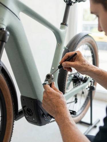 Close up of a professional bike mechanic with precision tools adjusting a clean electric bike chain in a bright technical workshop, 35mm lens, natural daylight