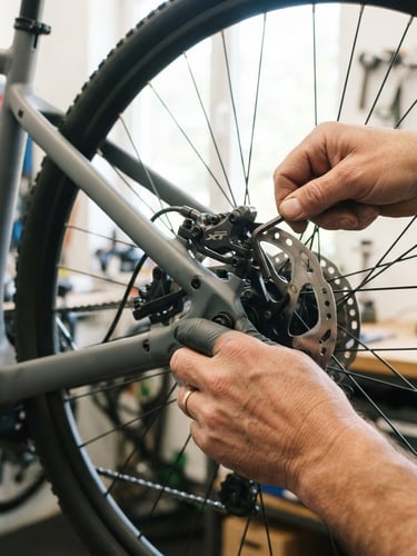 Close-up of a professional mechanic's hands adjusting the hydraulic disc brakes of a modern matte-gray electric bicycle, bright natural workshop light, crisp details, 35mm lens