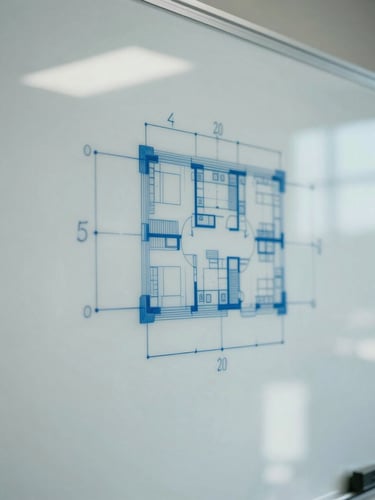 Tight macro shot of a clean glass whiteboard with blue architectural flowcharts and sharp shadows under cool daylight.