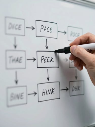 Tight macro shot of a physical whiteboard with sharp architectural lines, showing a hand drawing a clean process flowchart with a black marker, cool daylight, high contrast shadows.